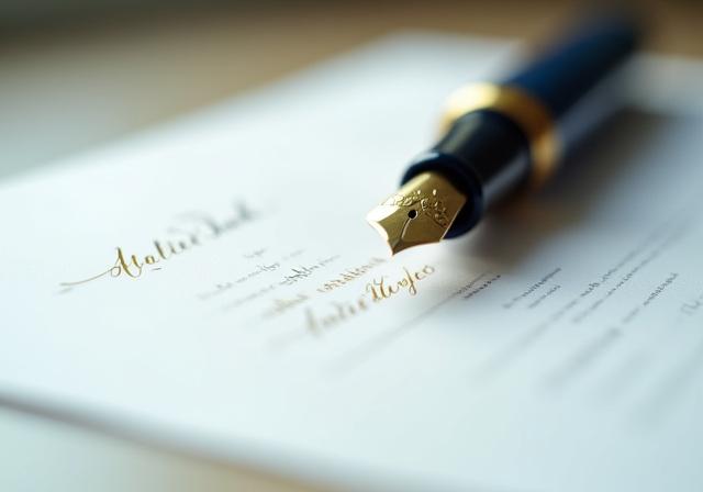 Close-up of a high-end fountain pen on a meticulously drafted legal document
