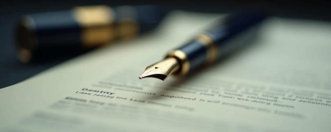 Close-up of a high-quality fountain pen on a legal document with gold accents